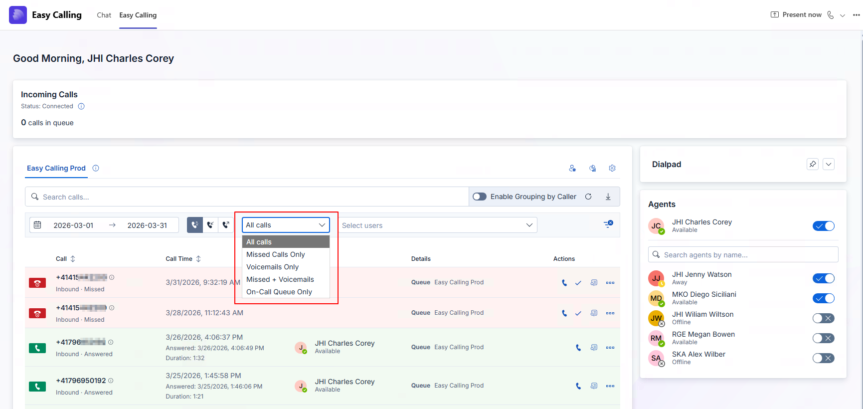 Call history with filters