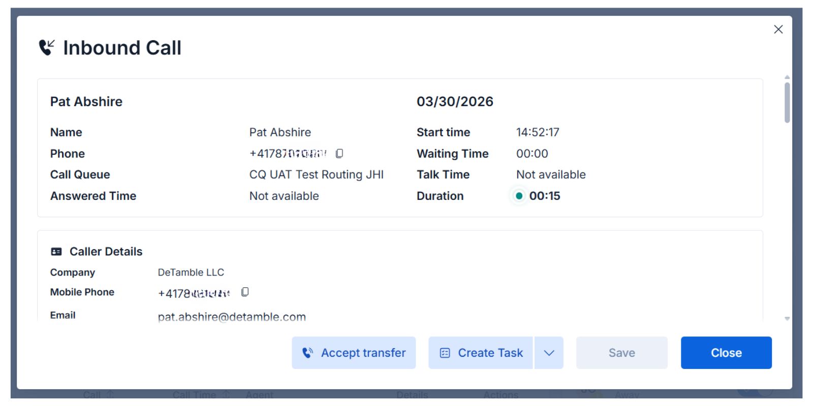 Caller details panel