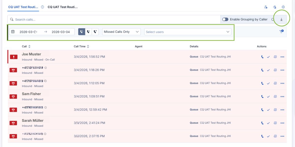 Call history with filters
