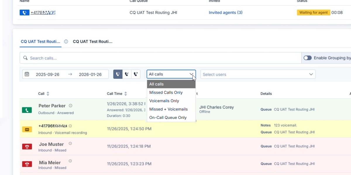 Call history with filters