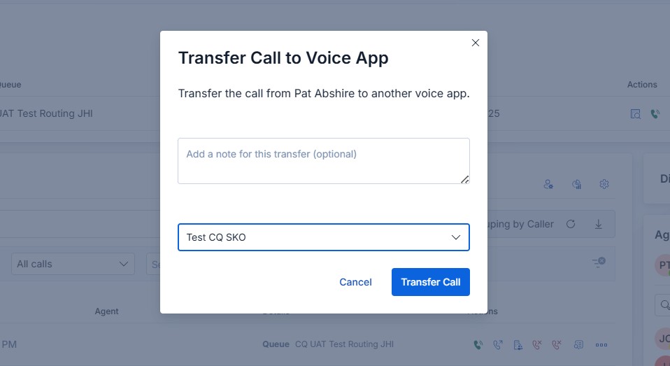 Transfer to queue dialog