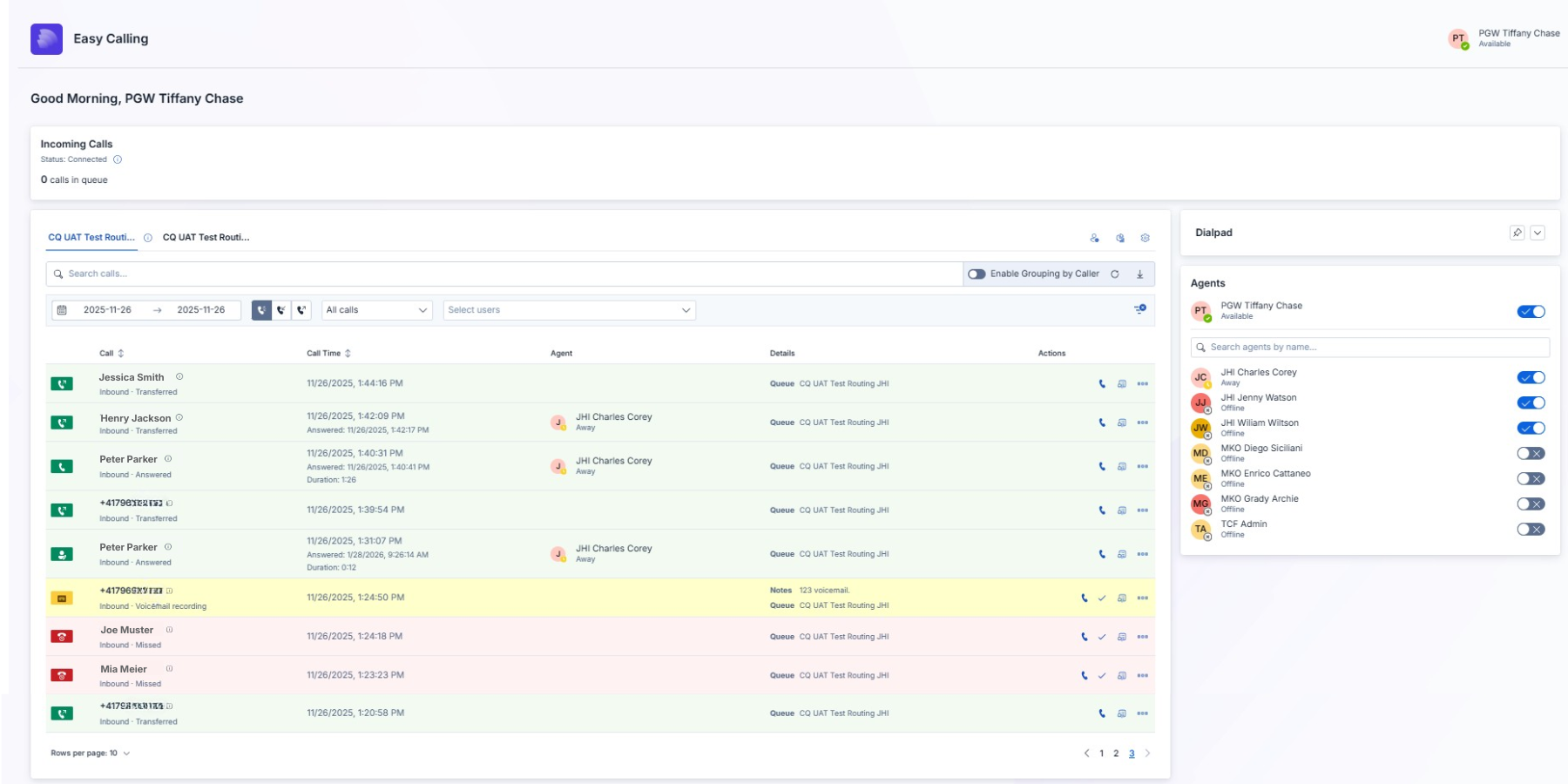 Easy Calling dashboard showing real-time call monitoring