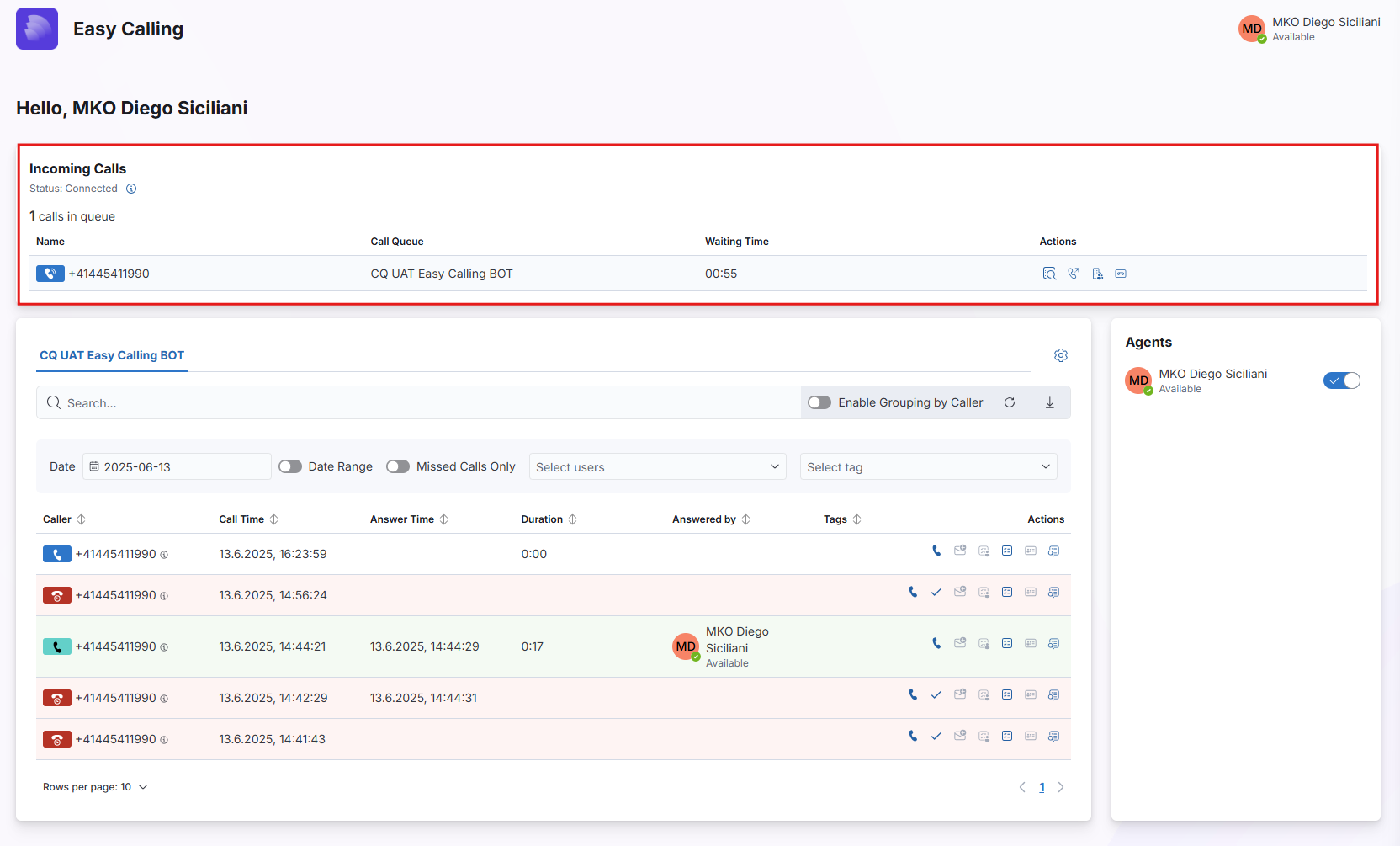 Easy Calling dashboard