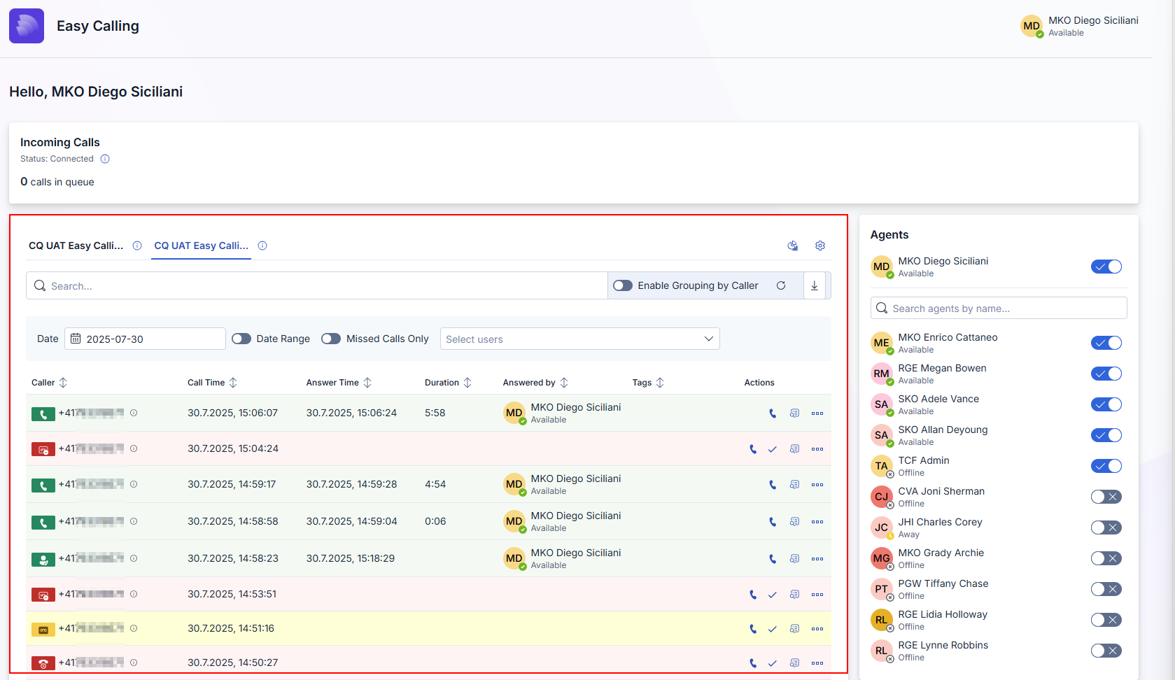 Call history with filters