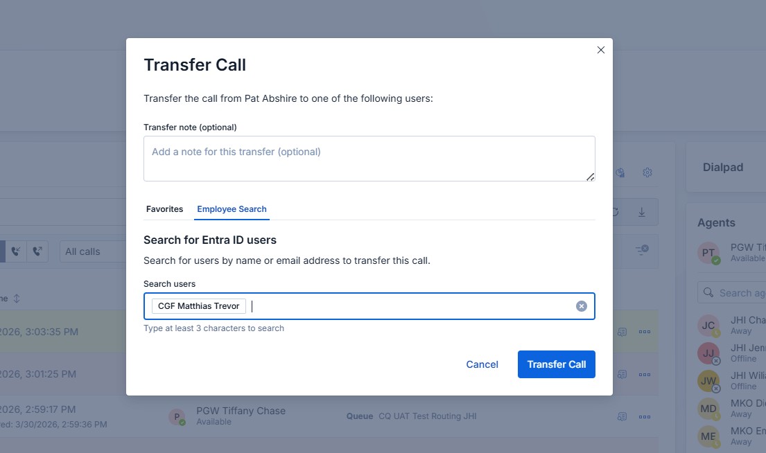 Direct transfer dialog