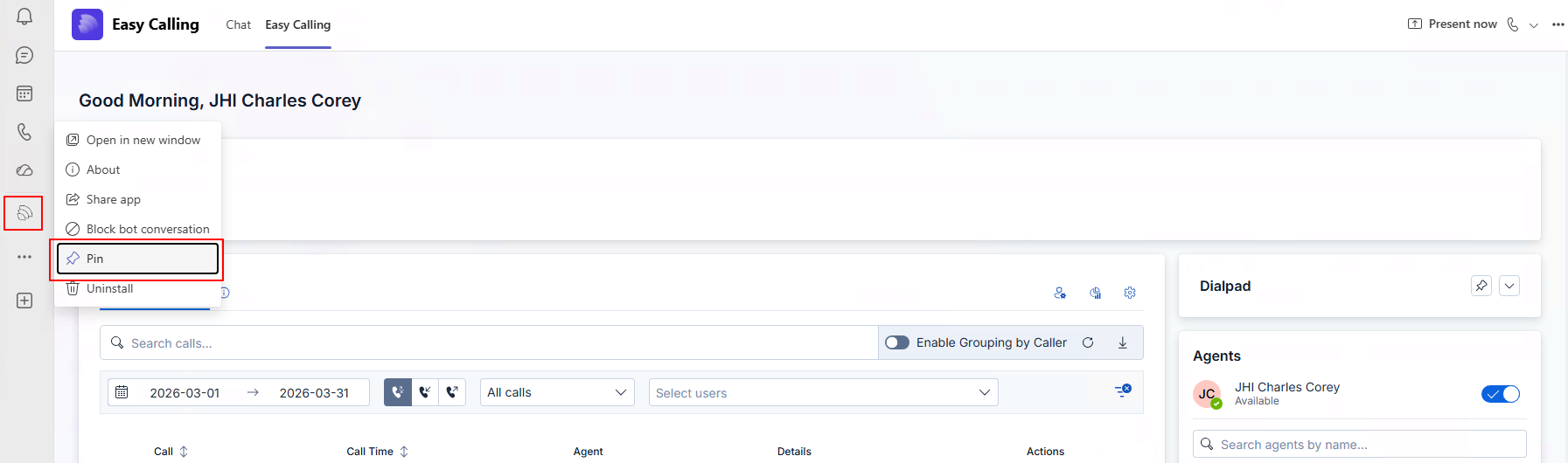 Easy Calling app in Teams sidebar